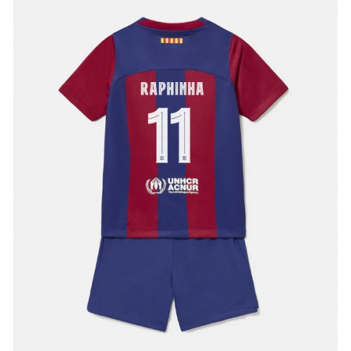 Otroški Nogometni dresi Barcelona Raphinha Belloli #11 Domači 2023-24 Kratek Rokav (+ Kratke hlače)